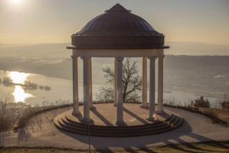 Beautiful temple in a landscape shot. Sunrise on a winter morning. Beautiful view along the Rhine
