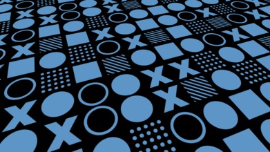 Repeating pattern of black and blue geometric shapes with circle, square and X abstract background