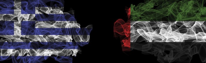 Flags of Greece and UAE on Black background, Greece vs United Arab Emirates Smoke Flags