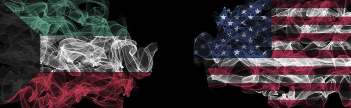 Flags of Kuwait and USA on Black background, Kuwait vs USA Smoke Flags