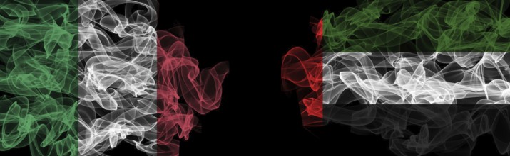 Flags of Italy and UAE on Black background, Italy vs United Arab Emirates Smoke Flags