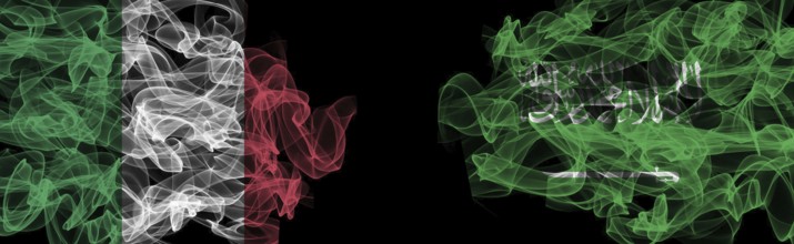 Flags of Italy and Saudi Arabia on Black background, Italy vs Saudi Arabia Smoke Flags