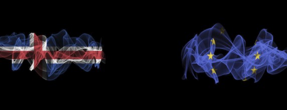 Flags of Iceland and the EU on a black background, Iceland vs. European Union Smoke Flags