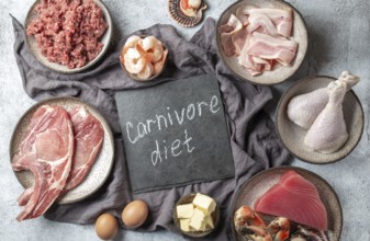 Food, Selection food for CARNIVORE DIET. Seafood, Meat, megs and fat. Zero carbs diet concept