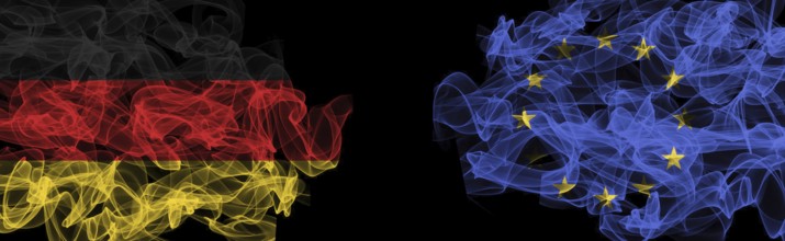 Flags of Germany and EU on Black background, Germany vs Europe Union Smoke Flags
