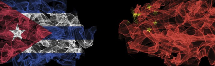 Flags of Cuba and China on Black background, Cuba vs China Smoke Flags