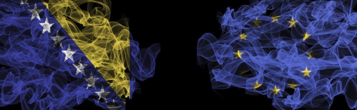 Flags of Bosnia and Herzegovina and the EU on a black background, Bosnia and Herzegovina vs. the