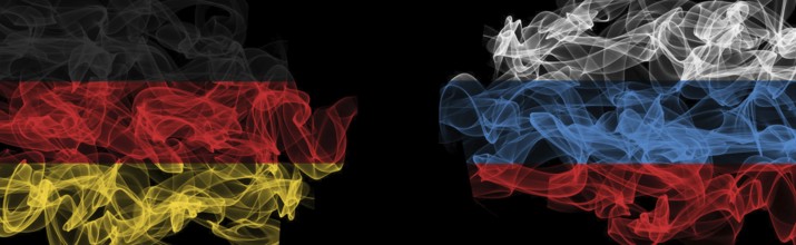 Flags of Germany and Russia on Black background, Germany vs Russia Smoke Flags