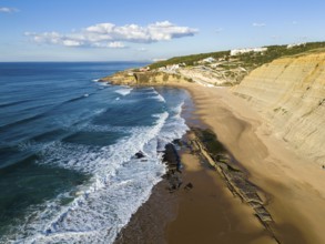 Magoito Beach on Sunny Day during Low Tide. Atlantic Ocean, Portugal. Aerial View