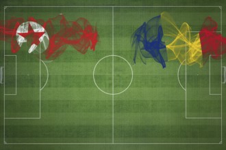 North Korea vs Romania Soccer Match, national colors, national flags, soccer field, football game,