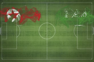 North Korea vs Saudi Arabia Soccer Match, national colors, national flags, soccer field, football
