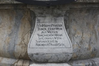 Historical inscription, iron fountain on the main square, Bruck an der Mur, Styria, Austria