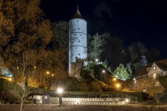 Night photo of the medieval town wall with White Tower, Biberach an der Riß, Upper Swabia,