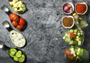 Vegetables on the background. Fresh vegetables (cucumbers, tomatoes, onions, garlic, dill, green