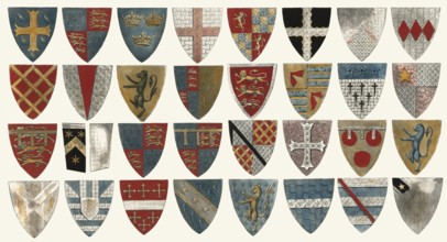 Armorial Bearings, coats of arms from St Stephen's Chapel, old Palace of Westminster, London,
