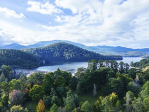 An aerial view on a cool autumn day over Maroondah Reservoir near Healesville in Victoria,