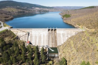 Aerial view of a dam and hydroelectric power plant in La Rioja, Spain.