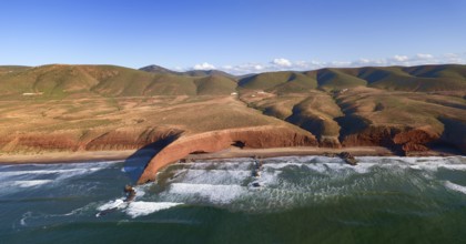 Aerial view on Legzira beach with arched rocks on the Atlantic coast in Morocco