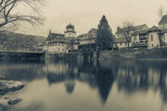 Schwammerlturm, old town centre on the river Mur, long exposure, Leoben, Styria, Austria
