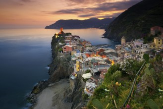 View of Vernazza at sunset in Cinque Terre, Italy