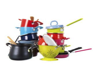 Kitchen utensil with many pots and pans for cooking dinner