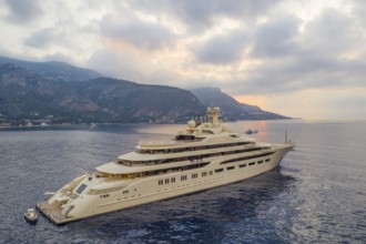 Aerial view of 156-metre superyacht DILBAR, delivered in 2016 by the Lürssen Yachts shipyard to