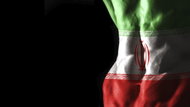 Iran flag on abs muscles national sport workout, bodybuilding concept, black background