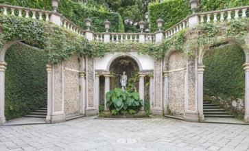 Old staircase in nature. Garden architecture design, green natural path with historic pavement