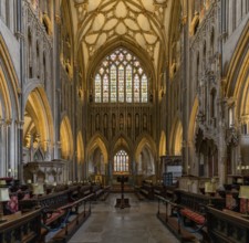 Wells, United Kingdom, 1 September, 2022: view of the Choir and central nave inside the historic