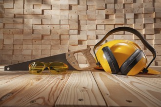 Construction Carpentry Concept. Yellow Safety Goggles Helmet And Earphones. Classic Handsaw With