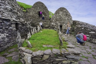 Clochans, stone cells. monastery at the top, Skellig Michael island, Mainistir Fhionáin (St.