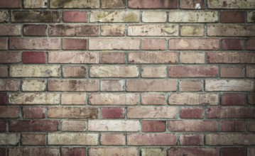Red vintage brick wall with grungy structure. Horizontal wide background. Distressed wall with