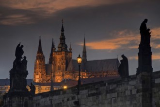 Charles Bridge and Hradcany by night, Prague, Czech Republic