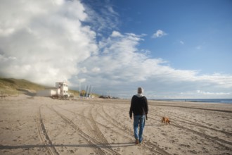 Elderly man is walking his dog at the beach