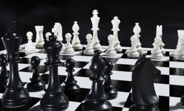 Black and white chess pieces on a chessboard background. Sport and leisure activity concept. 3D