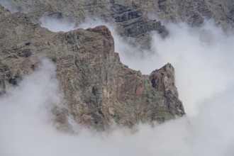 Clouds at the volcanic crater Caldera de Taburiente, seen from Roque des los Muchachos, La Palma,