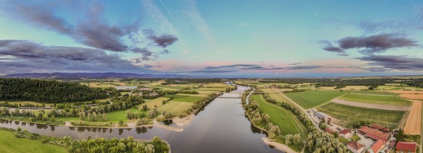 The view shows the wide flowing landscape with the Danube (Lower Bavaria) in the foreground. The