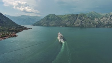 Aerial view of cruise ship in the Bay of Kotor, Montenegro