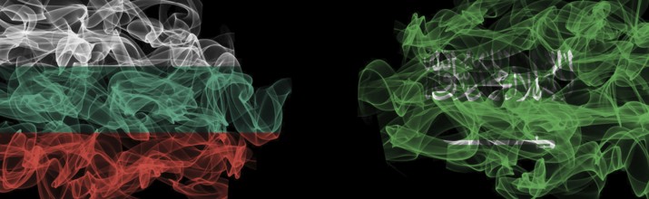 Flags of Bulgaria and Saudi Arabia on Black background, Bulgaria vs Saudi Arabia Smoke Flags