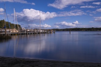 View over the Scharmützelsee with jetty and marina, long exposure, Wendisch-Rietz, Brandenburg,