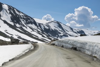 Snow in summer on the gamle strynefjellsvegen one of the most beautifull auto roads in norway with