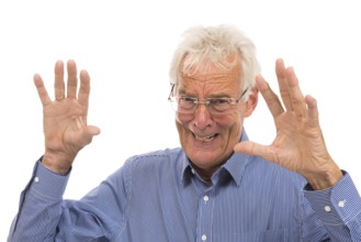 Portrait scaring senior man isolated against white background