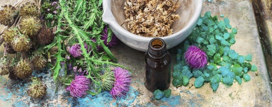 Mineral perfume salt and other ingredients for Spa treatments.Photo tinted