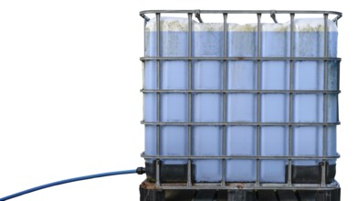 An Intermediate Bulk Container (Or Pallet Tank Or IBC Tank Or Bulky) For Liquids With Hose Attached