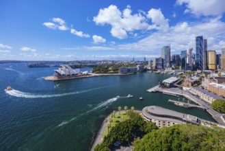 SYDNEY, AUSTRALIA, MARCH 4 2023: The Sydney CBD and surrounding harbour, including Circular Quay