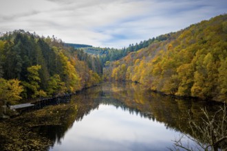 View on the river Ourthe during autumn in national park Two Ourthes in Wallonia, Belgium
