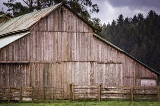 An old barn on a rural farm with trees, sky and clouds