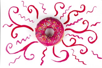 Kreatives süßes Essen. Glasierte bunte Donut auf einem hellen Aquarell lackiert Hintergrund