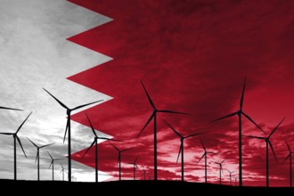 Bahrain flag wind farm at sunset, sustainable development, renewable energy Wind Turbines