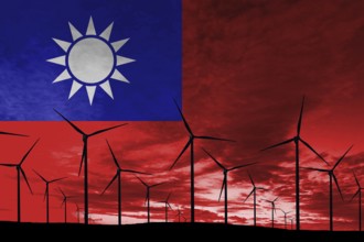 Taiwan flag wind farm at sunset, sustainable development, renewable energy Wind Turbines